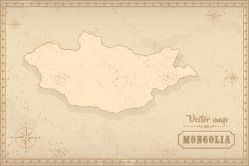 Map of Mongolia in the old style, brown graphics in retro fantasy style