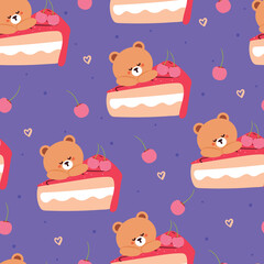 seamless pattern cartoon bear and cherry cake. cute animal wallpaper for textile, gift wrap paper