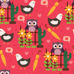 seamless pattern cartoon owl, chicken and plant. cute wallpaper for textile, fabric print, gift wrap paper