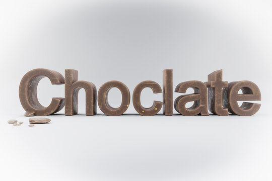 closeup of 3d lettering chocolate made of brown whole milk chocolate on white clean surface with chocolate crumbs; advertisement concept; 3D Illustration