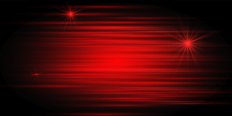 Abstract horizontal red laser beams, lines with dust and sparkles. Isolated on transparent background.