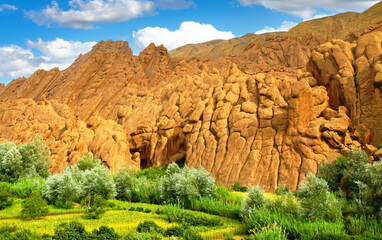 Beautiful moroccan high atlas landscape, green oasis, bizarr rock formations -  Morocco, Dades...