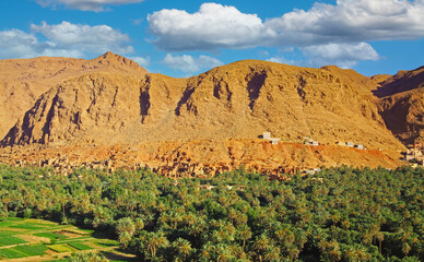 Beautiful limestone mountains landscape, palm trees grove oasis, typical berber clay house village,...