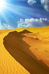 Fototapeta na wymiar Beautiful loneyl sahara desert yellow sand dune landscape, sun rays shadow backlight, blue clouds sky - Morocco, Erg Chebby