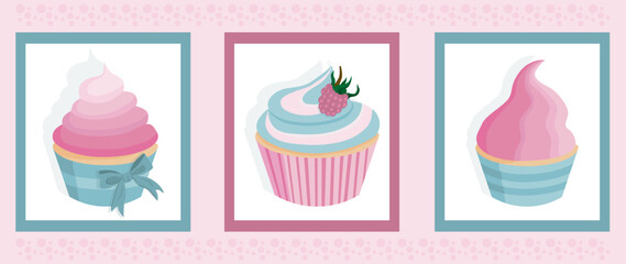 A set of colorful cupcakes. Vector illustration, doodle