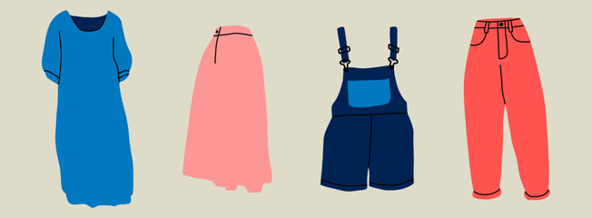 Woman clothing set. Dress, shorts, skirt, pants, T-shirt, blouse. Clothes collection. Vector flat illustration.