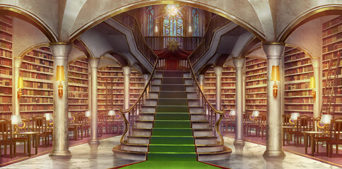 Fantasy library main hall in the morning  -  turned on the light, Anime background, Illustration