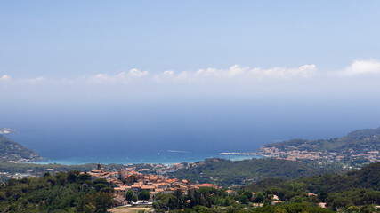 Super panorama of two tiny neighboring villages Sant'ilario in Campo and Biodola and gulf of Marciana Marina.&nbsp;Province of Livorno, Island of Elba, Italy