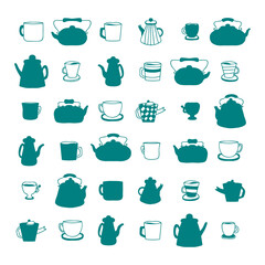 Monochrome teapot, cups and mugs silhouette collection. Perfect for kitchen towel, dishcloth, stationery, poster and print. Doodle vector illustration isolated on white background.