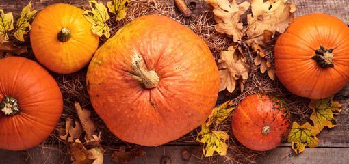Pumpkin. Autumn food background with cinnamon, nuts and seasonal spices on rustic background....