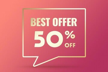 Image 50 of a discount as a message on a pink background. Price labele sale promotion market. purchase store