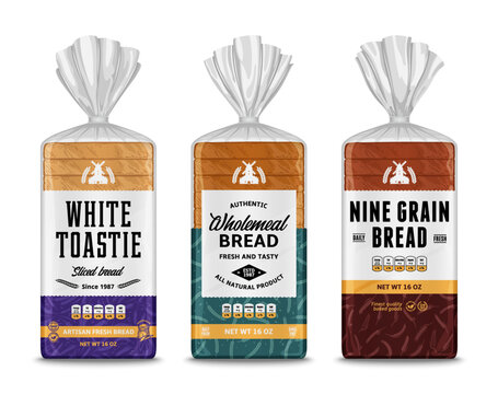 Vector bread packaging and vertical label design. Bakery illustrations and cereal crops patterns