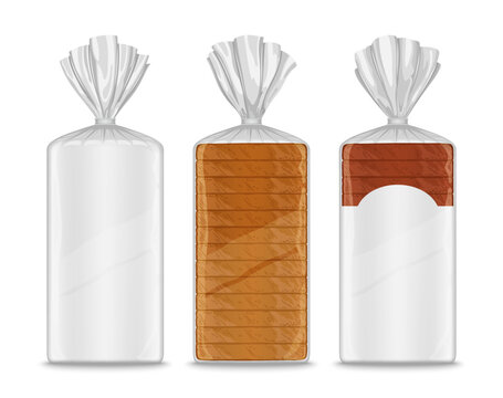 Vector bread packaging illustration, transparent plastic bag mockup
