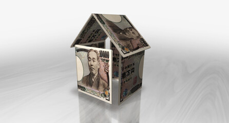 Yen 10000 JPY money banknotes paper house on the table 3d illustration
