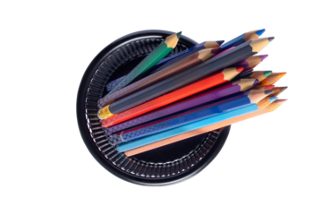 Black iron box with colored pencils, top view, isolated on transparent background