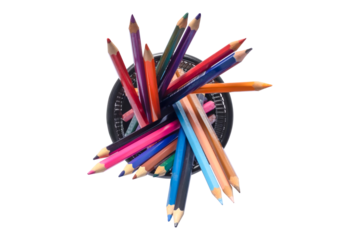 Black iron box with colored pencils, top view, isolated on transparent background