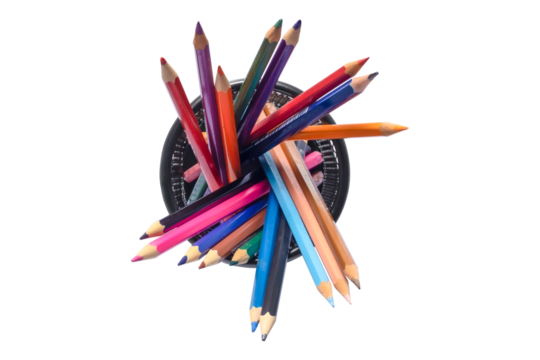 Black iron box with colored pencils, top view, isolated on transparent background