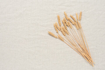 Ripe wheat ears flat lay on beige linen textile background. Top view.