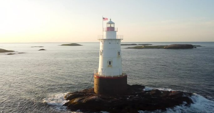 07/10/2022 - Little Compton, RI USA - Early morning video of the Sakonnet Point Light (West Island Light) between Little Compton and Tiverton Rhode Island, at Sakonnet River and Atlantic Ocean.	