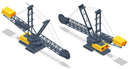 Isometric Bucket-wheel excavator. BWE, continuous digging machine in large-scale open-pit mining operations, removing thousands of tons of overburden. Bucket-wheel excavator mining lignite