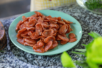 closed up chinese sausage sliced, Good sausage The sausage must mix well