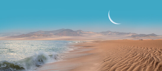 The Namib desert along side the Atlantic ocean coast of Namibia with crescent moon - Namiba,...