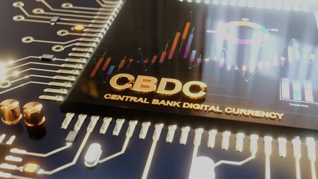 CBDC - Central bank digital currency and electronic components with cpu processor on motherboard. 3D render computer technology background animation.