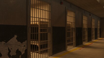 3D-Illustration of an empty prison cell, no prisoner - obrazy, fototapety, plakaty