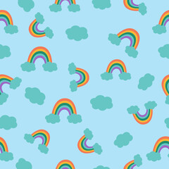 Cartoon seamless pattern rainbow in the sky with cloud. Retro colors in vector background.