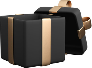 Realistic black open gift box with golden ribbon bow. Concept of abstract holiday, birthday or wedding present or surprise. 3d high quality isolated render