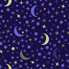 Obraz na płótnie Canvas Seamless pattern with star and moon in dark sky. Cosmos stars on dark blue background for kids, children, toddlers. Cute kids texture.