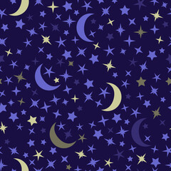 Seamless pattern with star and moon in dark sky. Cosmos stars on dark blue background for kids, children, toddlers. Cute kids texture.