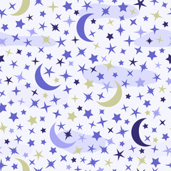 Naklejka premium Wallpaper for the nursery of colorful stars with moon, clouds. Seamless pattern with star and moon in sky. Cosmos stars background for kids, children, toddlers. Cute child texture.