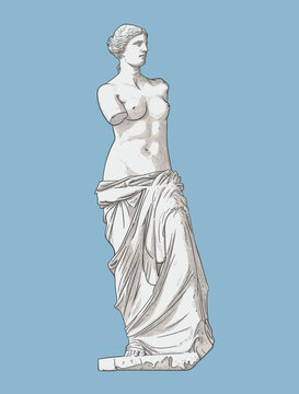 Ancient Greek sculpture, statue of godess Venus de Milo. Vector illustration isolated on blue background. Linear style with shading and color. EPS - 10.