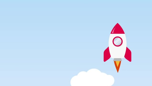 Flat animation. Rocket flying through clouds. Start project. Startup launch