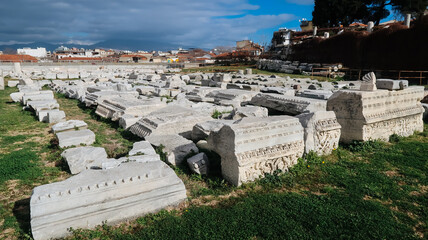 Scattered pieces of columns and arches structure inside the ancient city of Smyrna, Izmir, Turkey