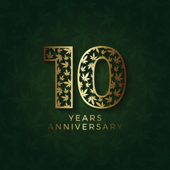 10th anniversary logo in gold color with marijuana leaves  isolated on black background, vector design for greeting card and invitation card.