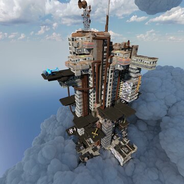 3D-illustration of a multiverse with skysrcapers in the clouds