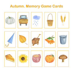 Memory game autumn holiday, Thanksgiving English vocabulary learning printable flash cards, educational topical worksheet for kids, kindergarten, pre-school or leisure activity, teacher resources