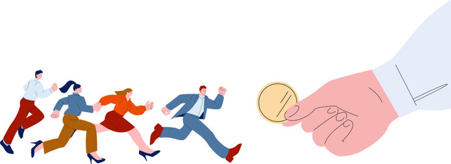Business people group racing to money. Businessman and businesswoman, office characters run. Aggressive material world and era of consumption vector concept