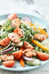 Healthy Salad with Chicken Breast, Cherry Tomatoes, Cucumber, Orange Pepper, Endive and Red Onion. Close up.	