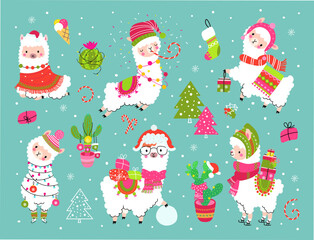 Christmas cartoon alpaca with cactus and gifts. Funny llamas x-mas party, new year holiday alpacas stickers. Winter animal characters nowaday vector clipart © MicroOne