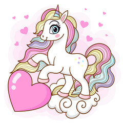 Cute cartoon unicorn with rainbow mane and heart. Children's illustration. For the design of prints, posters, stickers, postcards, etc. Vector © Zerlina