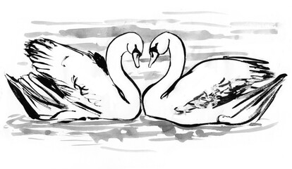 Two swans in love on the water - black and white illustration made with ink and watercolor. Their necks form a heart. Beautiful, majestic white birds. Handmade monochrome sketch.