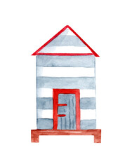 Hand drawn watercolor striped sea house. Suitable for postcard, postcard, poster, banner. Summer, sea