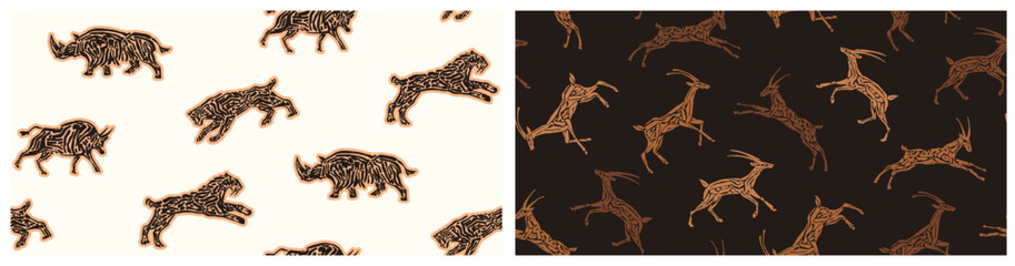 Hand drawn seamless pattern collection. Vector wild animal, endless sketch background set, cave art © Ekaterina