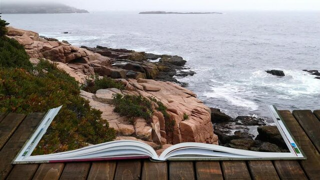 Open book with coastal view from Acadia National Park in Maine