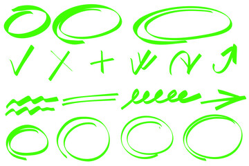 Highlight hand drawn oval frames, marker arrows, underlines lines. Hand drawn scribble doodle circle set. Ovals and ellipses line template. Stock vector illustration isolated on white background.