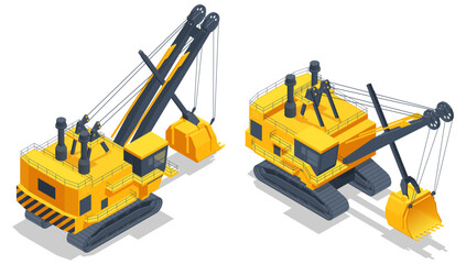 Isometric power shovel is a bucket-equipped machine, usually electrically powered, used for digging and loading earth or fragmented rock and for mineral extraction. Equipment for high-mining industry. © Golden Sikorka