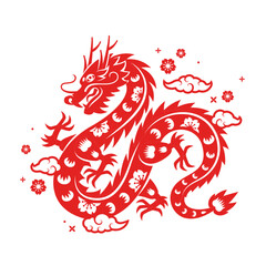 Chinese Dragon red logo, flowers and asian clouds, traditional paper cut style. Vector illustration. China lunar calendar animal 2024 Happy New year. Asian tattoo, floral spring pattern